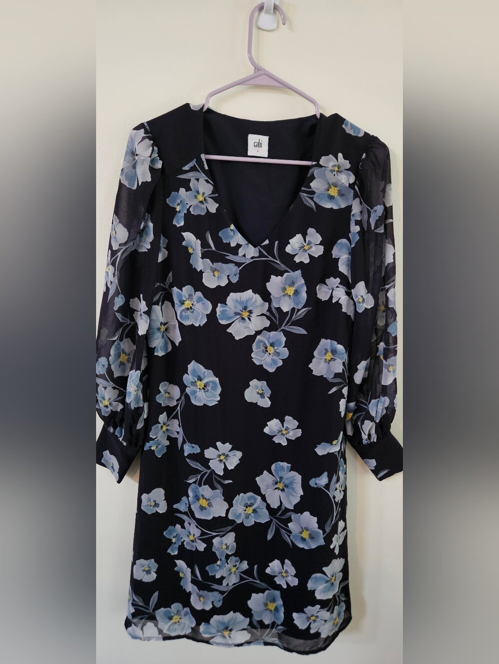 CAbi navy floral V-neck Dress with light blue blooms. Formal, Wedding Guest,Fall